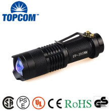 Mini bolsillo UV LED 395NM Ultra Violeta Zoomable UV luz antorcha negra